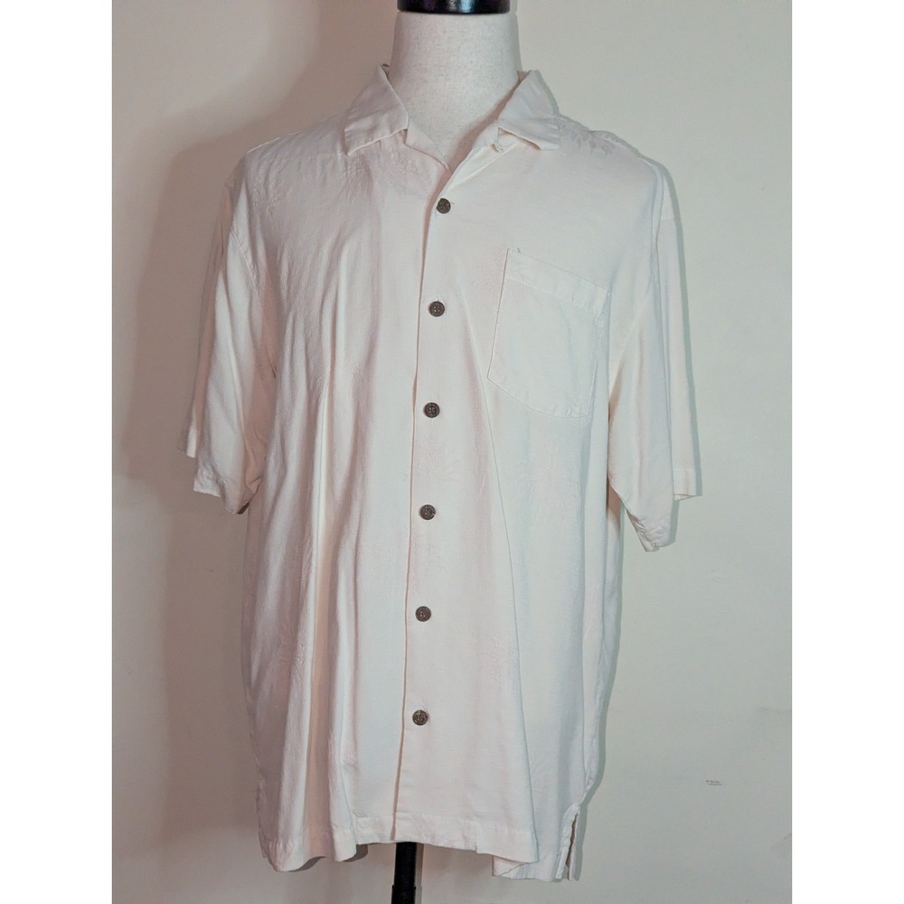Tommy Bahama Mens Size Large Ivory Cream Hawaiian Shirt Wood Buttons 100%‎ Silk